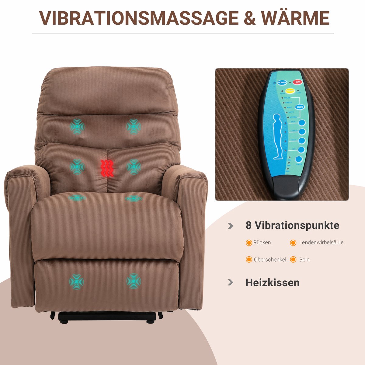 HOMCOM Relaxfauteuil met sta-op hulp en ligfunctie - Sta-op stoel massage verwarming senioren - Bruin – foto 6