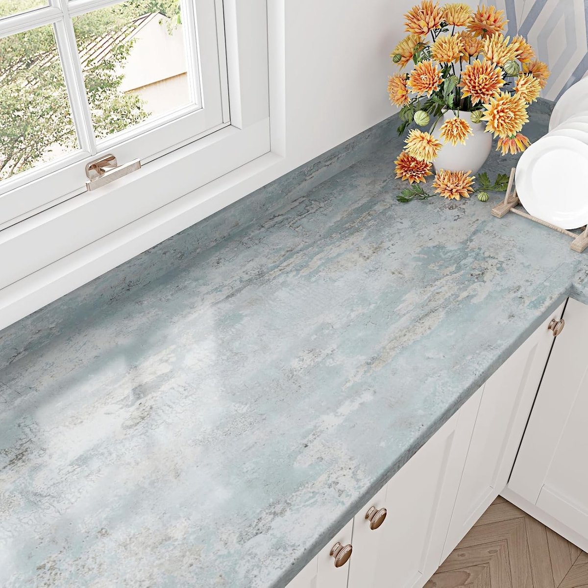 Houtlook Behang met Glanzende Marmerafwerking voor een Stijlvolle Keuken, Zelfklevend en Duurzaam