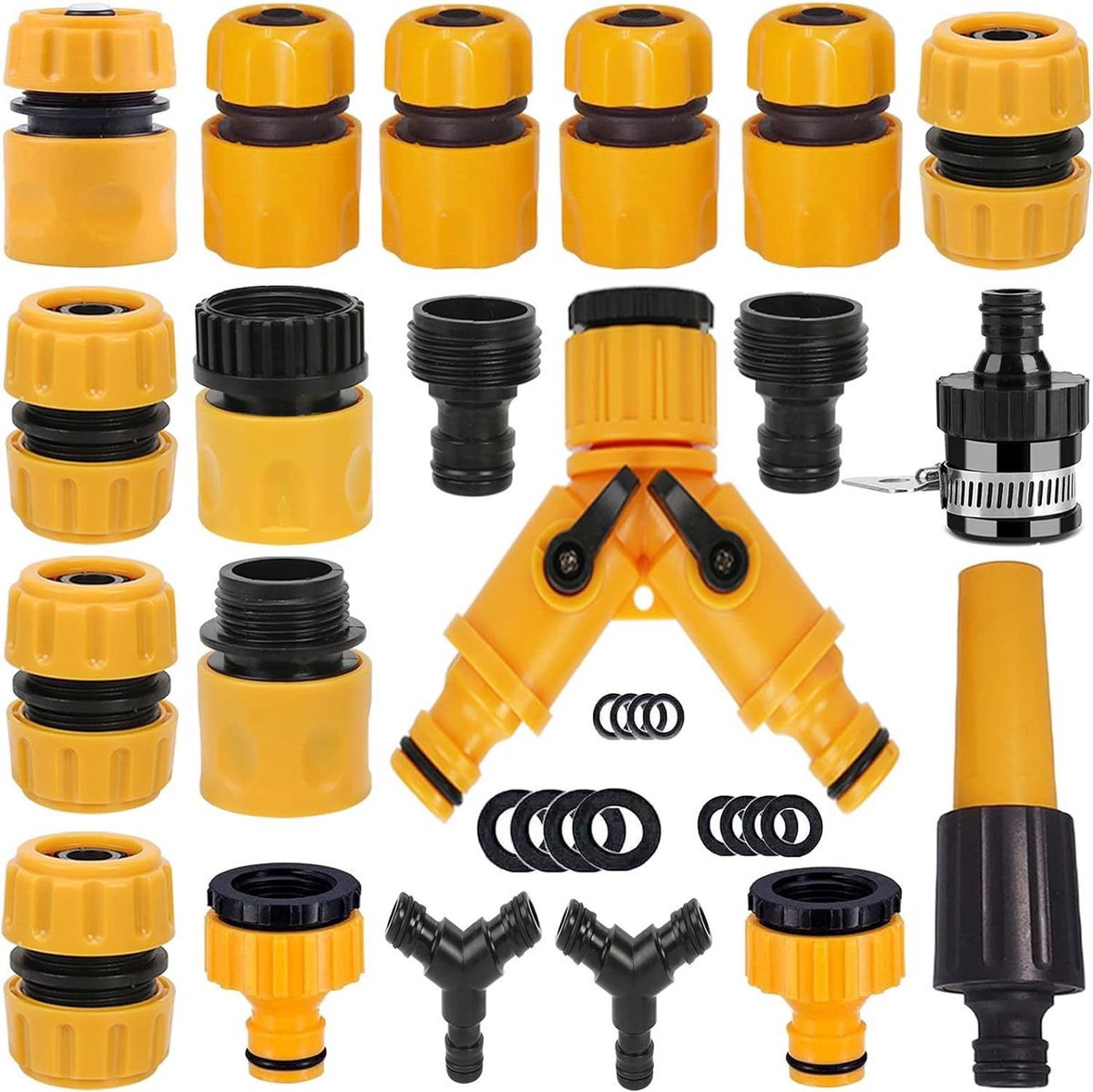 1 stuk - Tuinslang accessoire set - Kunststof materiaal - 20‑delige set inclusief accessoires - Met snelle koppelingen - Rechte en drieweg aansluitingen - Voor 1/2 inch tuinslang - Geschikt voor watergeefsysteem in de tuin thuis