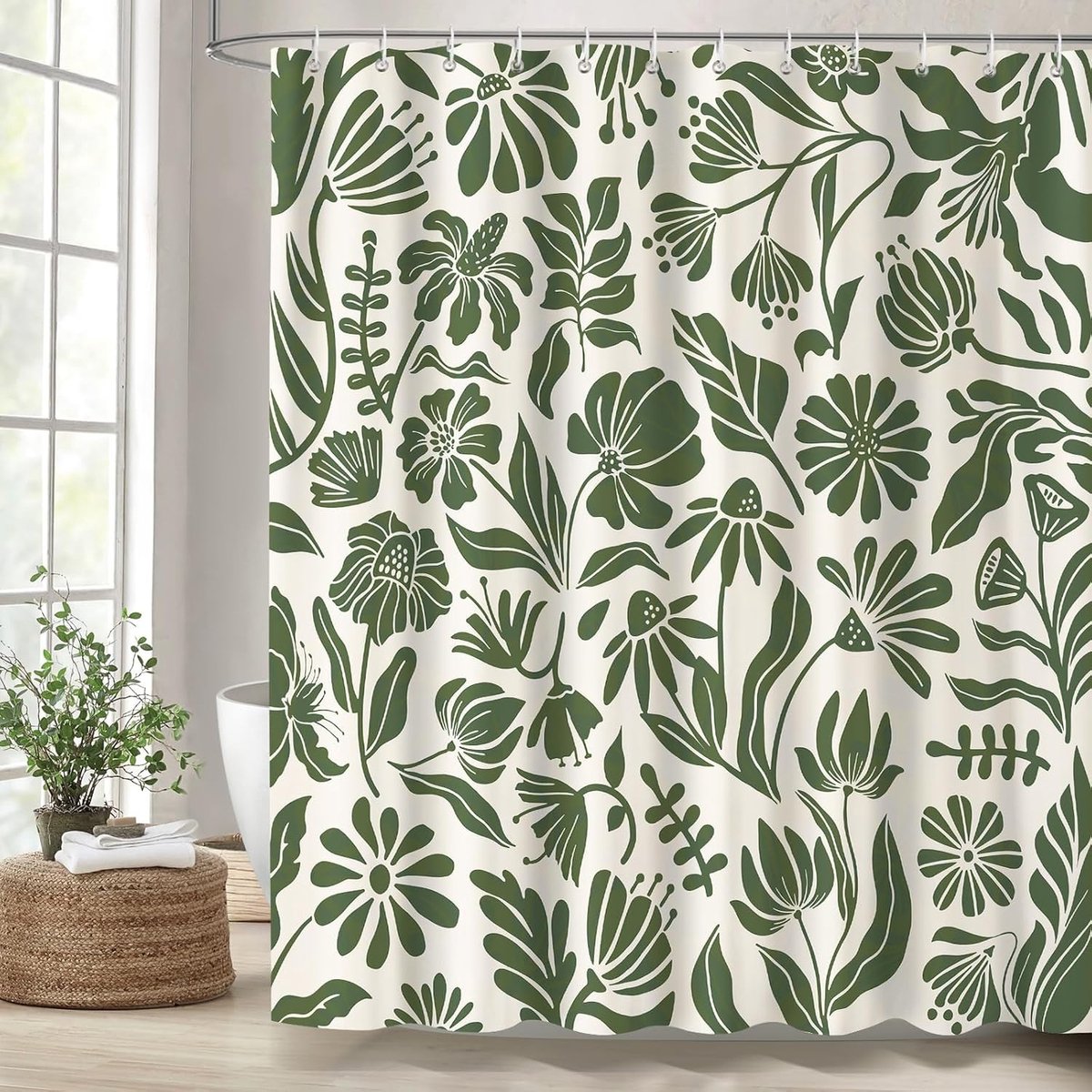 Boho Bloemige Douchegordijn in Saliegroen, Waterdicht en Schimmelbestendig, Inclusief 12 Haakjes, 180 x 180 cm voor een Stijlvolle Badkamer Decoratie