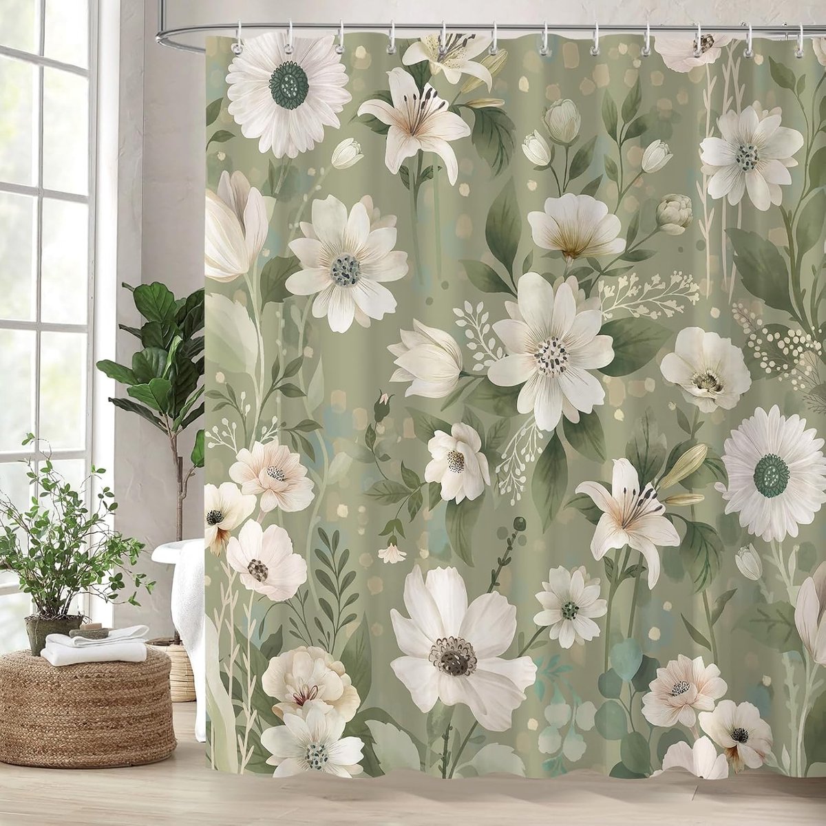 Stijlvolle Boho Groene Douchgordijn 180 x 180 cm, Waterdicht en Schimmelbestendig met Bloemen- en Bladerenpatroon voor Badkamer Decoratie