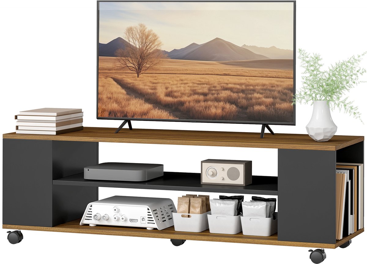 ECTEATOY® TV-meubel - met wielen en 4 open vakken - voor tv's tot 55 inch - 120x40x38,5 cm - Bruin