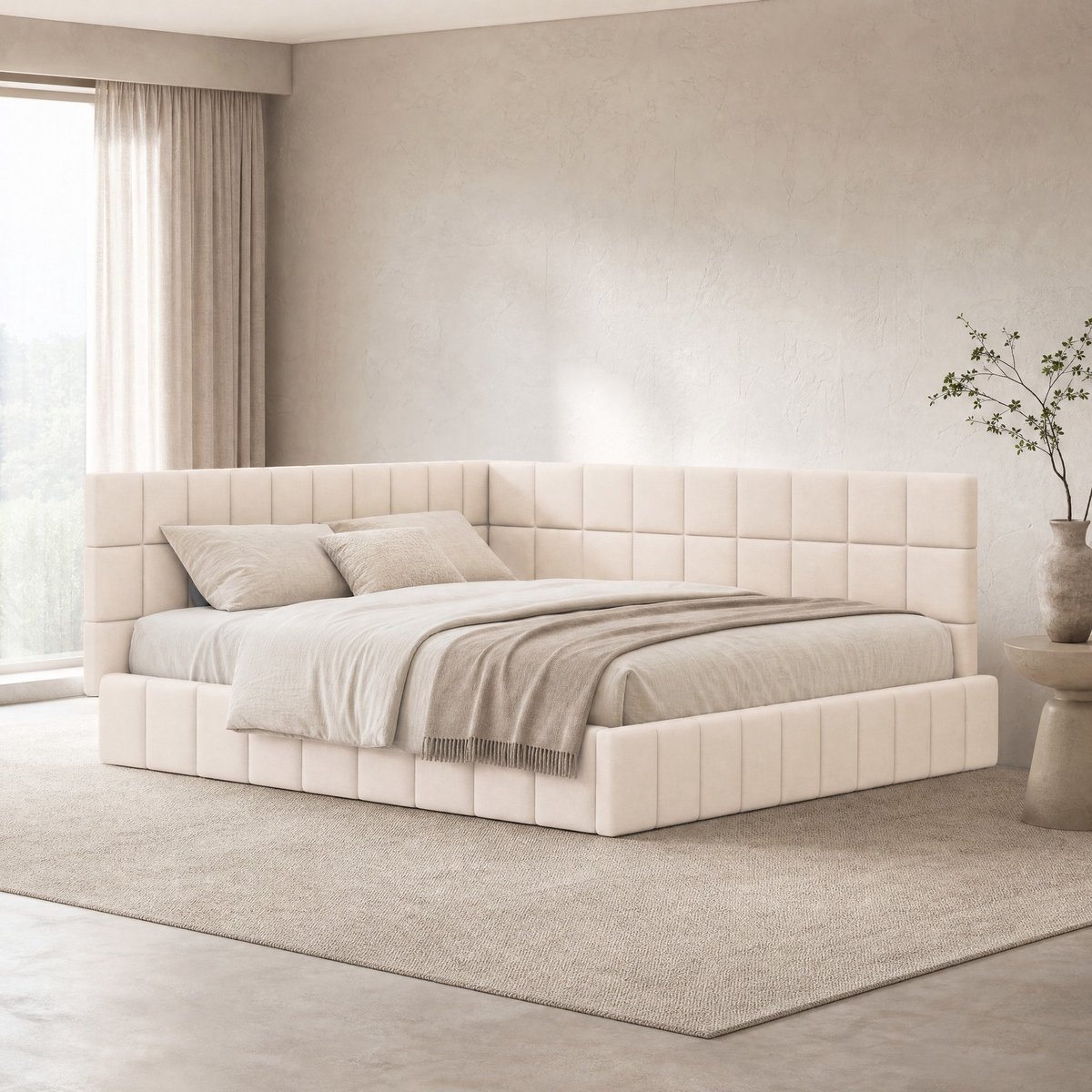 COVREO Slaapbank met lattenbodem – 206x167x62,5 cm – Bedbank van stof en MDF – voor twee personen – Beige - zonder matras