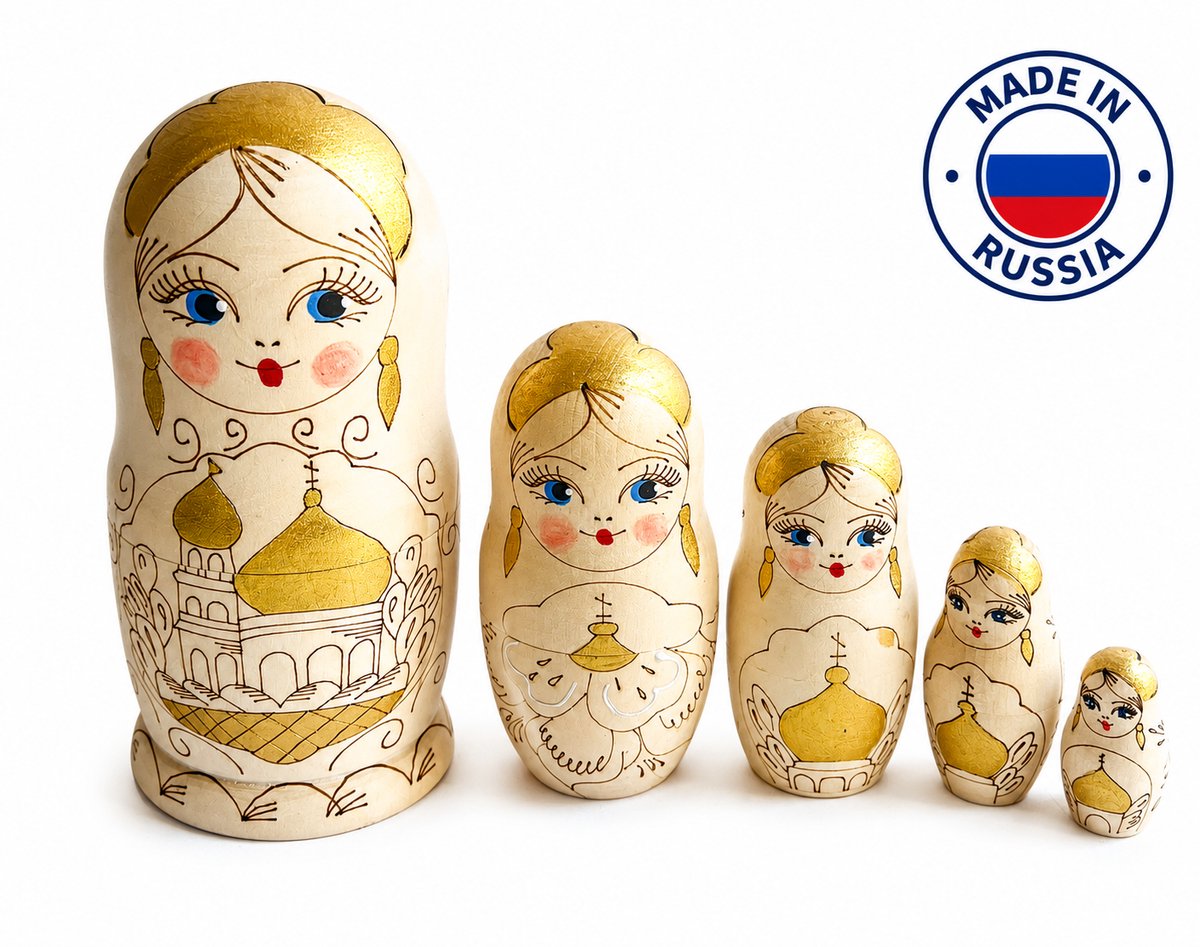 Houten Matroesjka poppen, Russische,babushka,15,5 cm hoog 5 delig blank