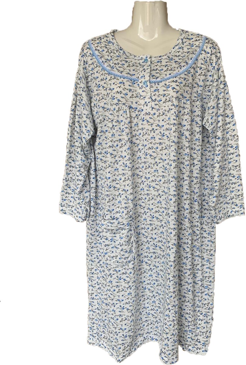 Dames Nachtjapon Nachthemd Lange Mouwen Gebloemd - Katoenen Stof - Kleur Blauw - Maat M