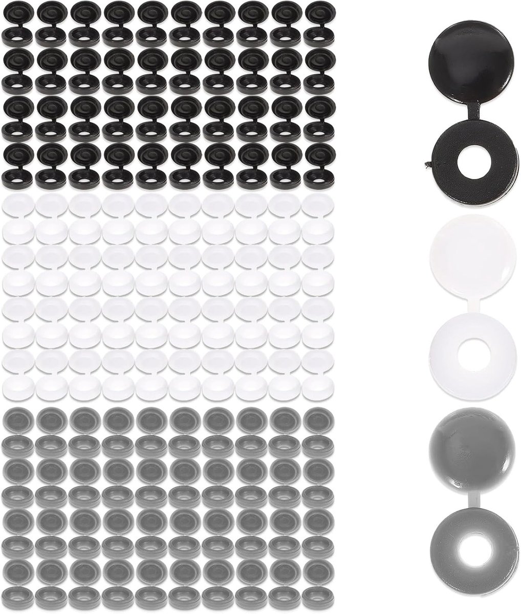 Set van 120 Plastic Scharnierdeksels, Schroefdoppen, Gebogen voor Nummer 6/8 Schroeven, Vouwbaar voor Meubels, Wit/Zwart/Grijs - Ideaal voor Klussen, Meubelonderhoud en Creatieve Projecten
