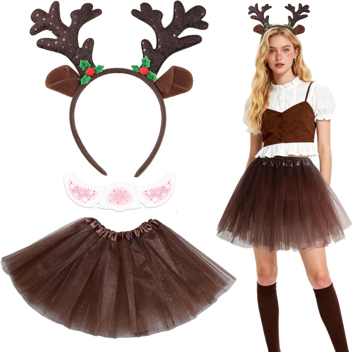 Driedelig Kostuum met Hertenantlers, Oren en Tutu Rok voor Dames - Perfect voor Carnaval, Halloween en Cosplay Feesten