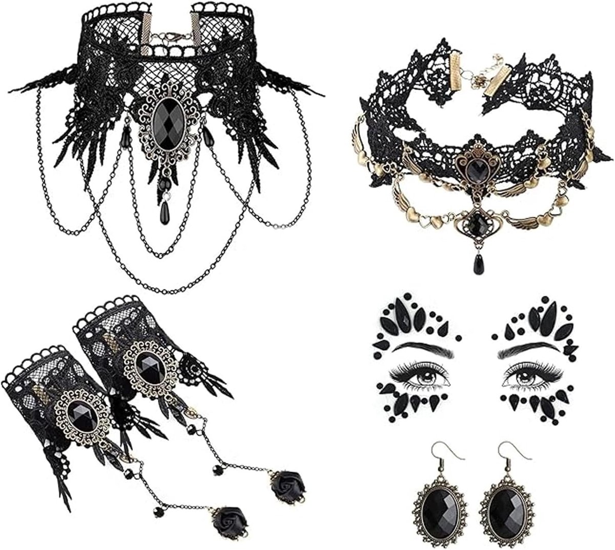 Gothic Halloween Sieraden Set met Zwarte Kant Choker, Kettingen, Armbanden en Oorbellen voor Vrouwen en Meisjes, Perfect voor Vampier Kostuums en Feestjes