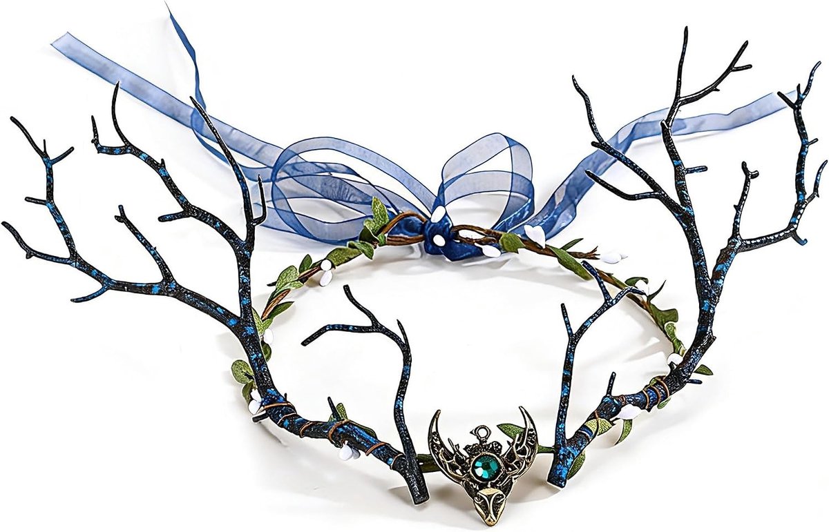 Donkergroen diadem met bronzen hertentakjes - elf kroon voor renaissance, cosplay en feestelijke gelegenheden - S, plastic, geen.