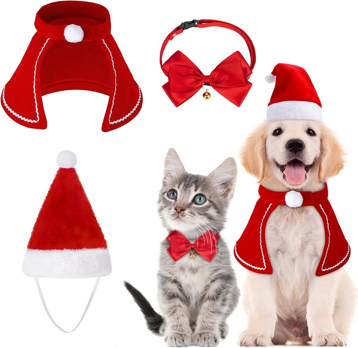 3-delige Kerstkostuum voor Honden en Katten met Kerstmuts, Strikje en Sjaal - Schattige Dierenaccessoires voor de Feestdagen