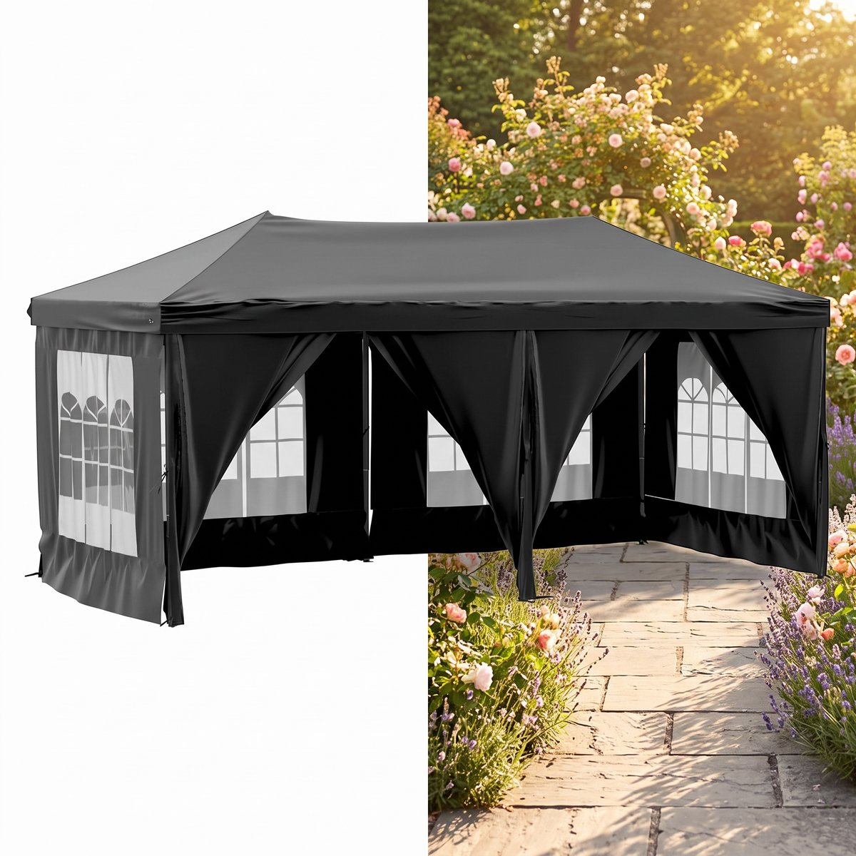 Partytent opvouwbaar - Paviljoen - 3x6 - Easy up - Waterdicht - met Zijwanden - Weerbestendig - Zwart