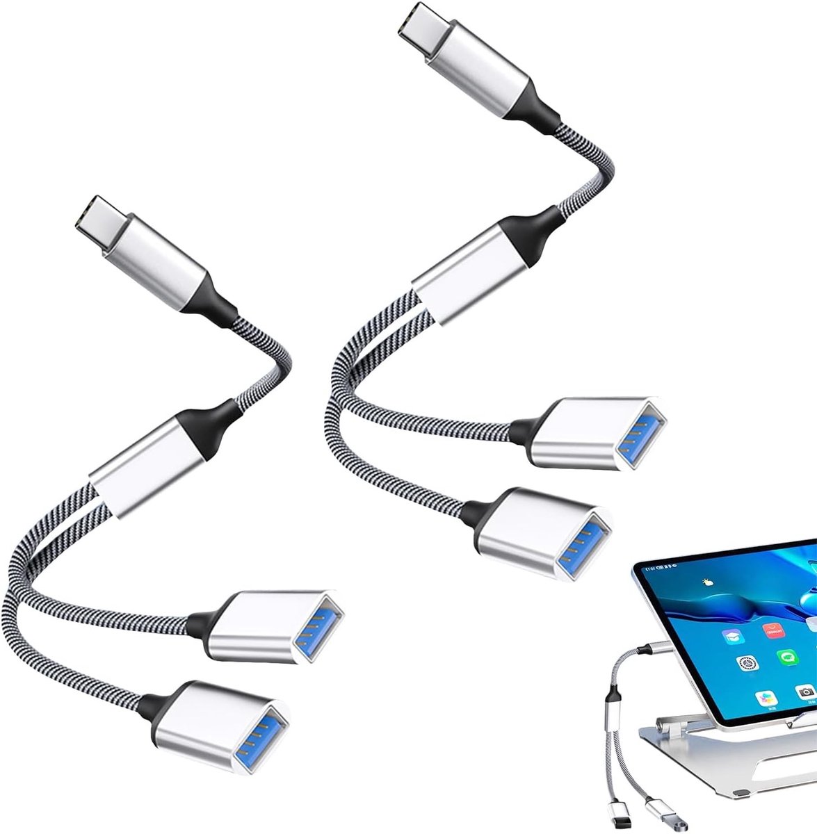 Dual USB C Oplader Set van 2 - Zilver - Geschikt voor Laptop, Auto, Toetsenbord en Printer met Snelle Gegevensoverdracht