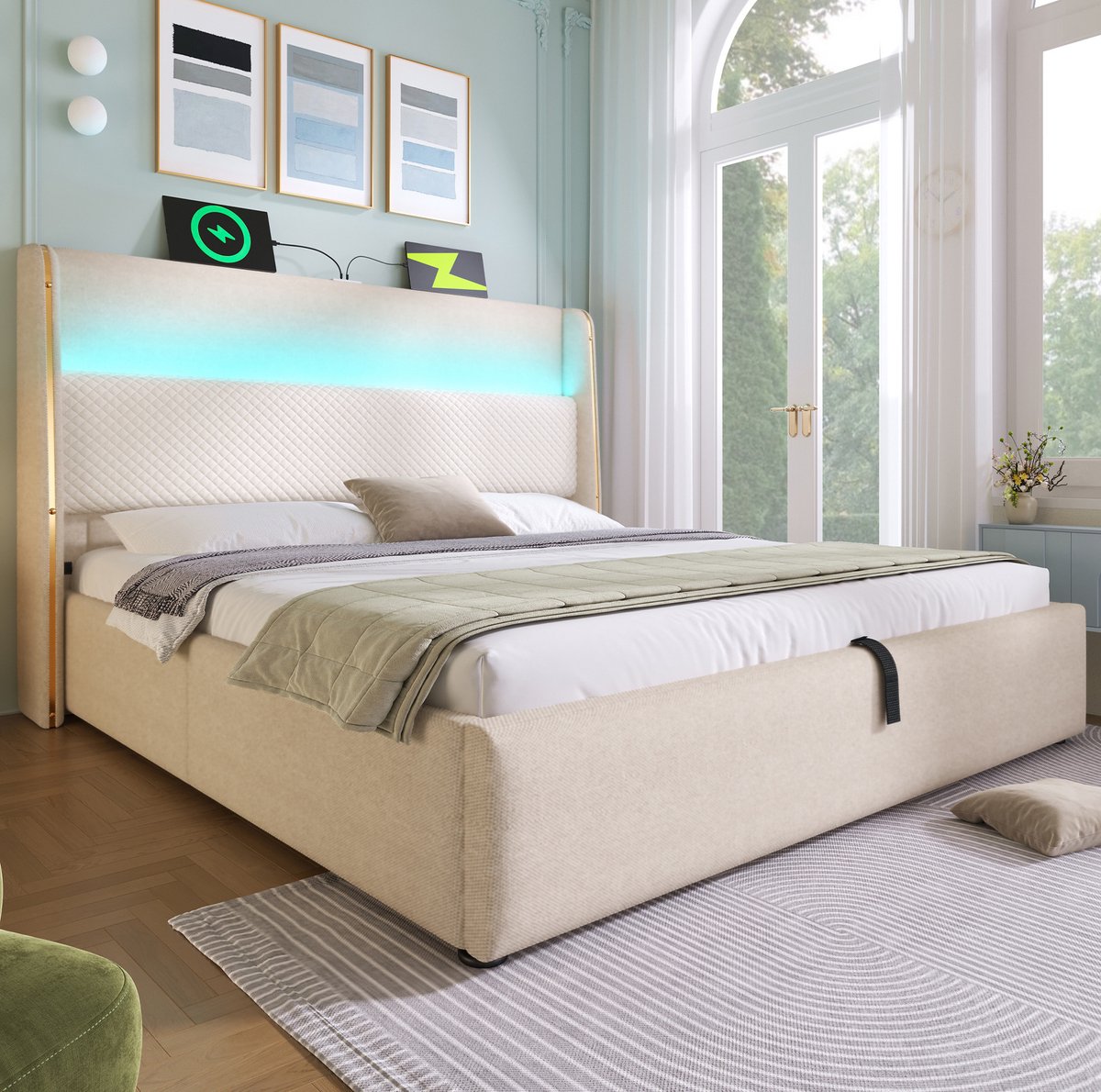 COVREO Bed met hoog hoofdbord – 140x200 cm – Tweepersoonsbed met LED en USB-C – Slaapframe met opbergruimte – Beige - met matras