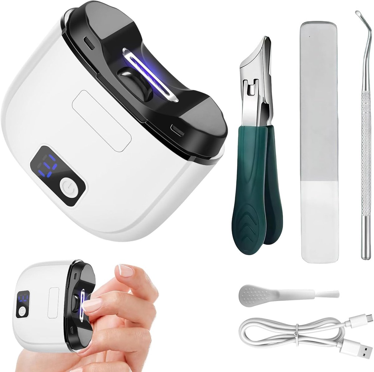 2-in-1 elektrische nagelschaar met LED-verlichting, oplaadbaar en 3 snelheden voor veilige nagelverzorging met accessoires