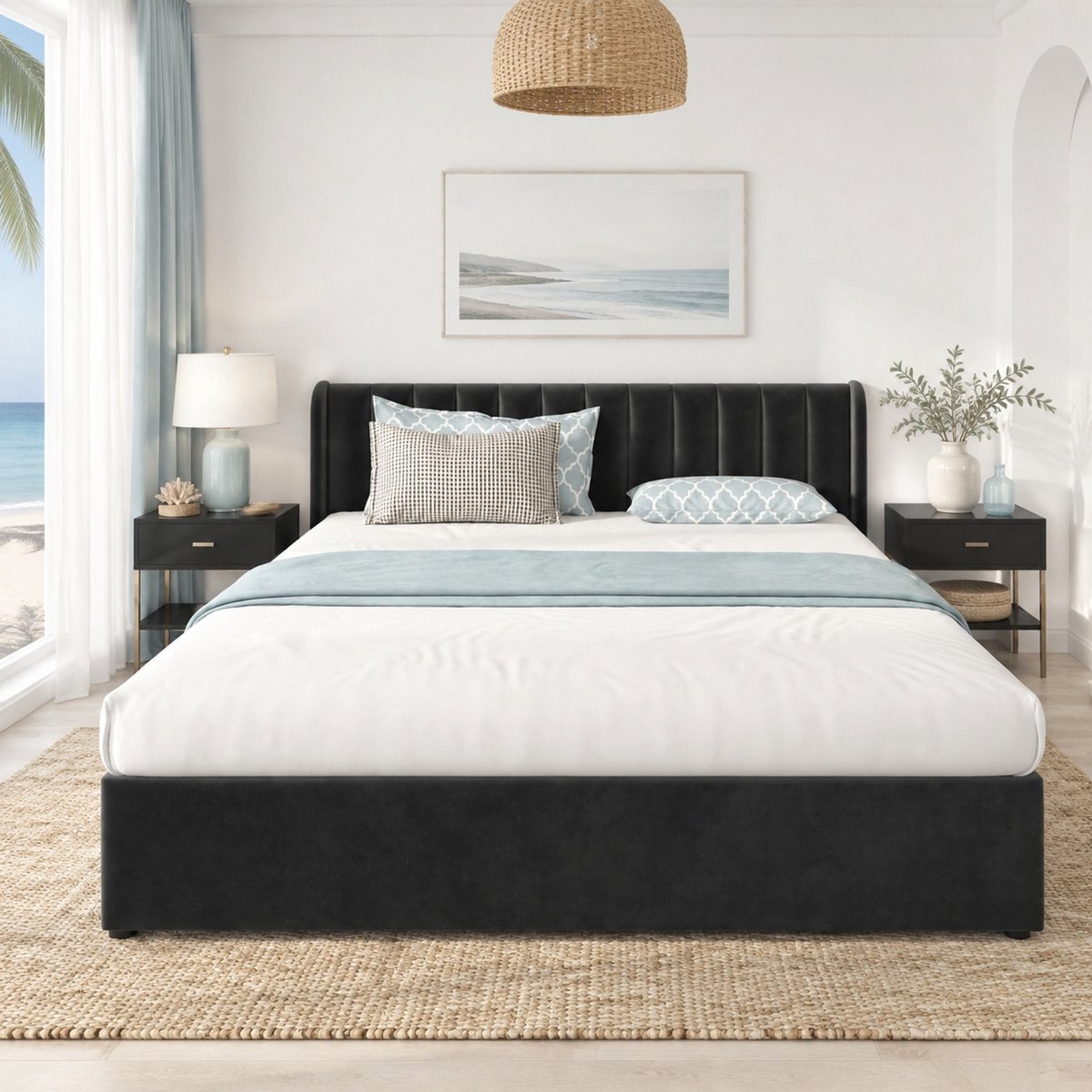 COVREO Gestoffeerd bed met 2 lades – 180 x 200 cm – Bedframe met lattenbodem – Tweepersoonsbed – Zwart - zonder matras