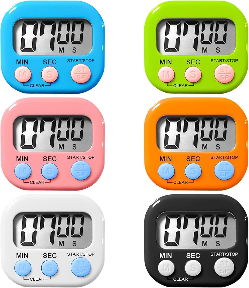 Digitale Keuken Timer Set van 6 Stuks met Sterke Alarmfunctie en Magnetische Bevestiging voor Koken, Bakken en Sportactiviteiten