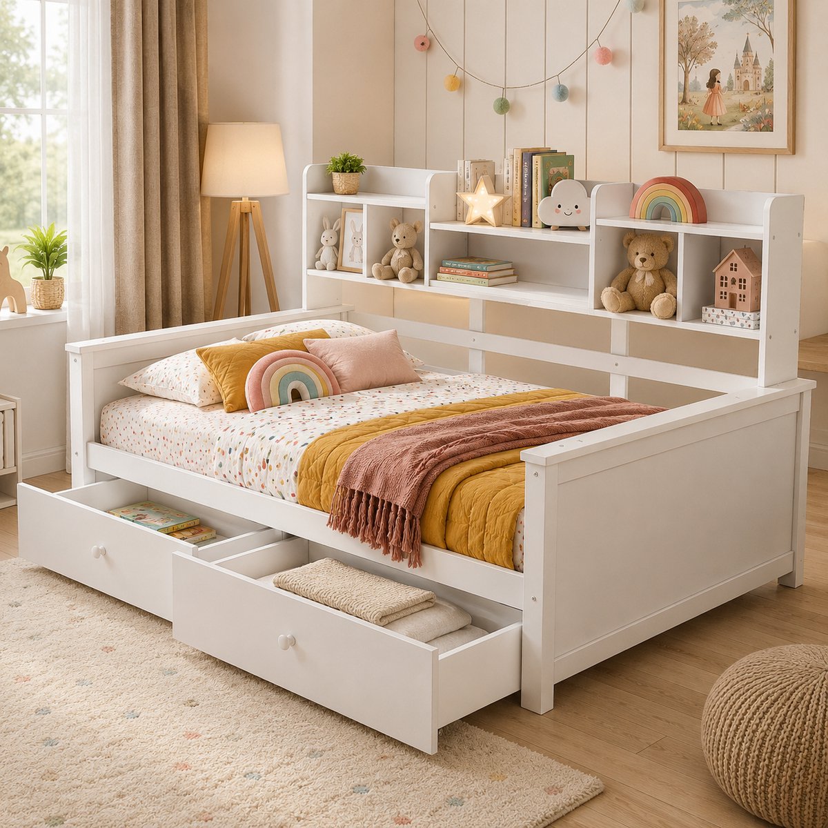 Welltin Slaapbank - Kinderbed 90x200 cm - Eenpersoonsbed - Massief hout - Met open opbergruimte - Met planken - Lattenbodem - Ruimtebesparend - Snel Gemonteerd - Wit