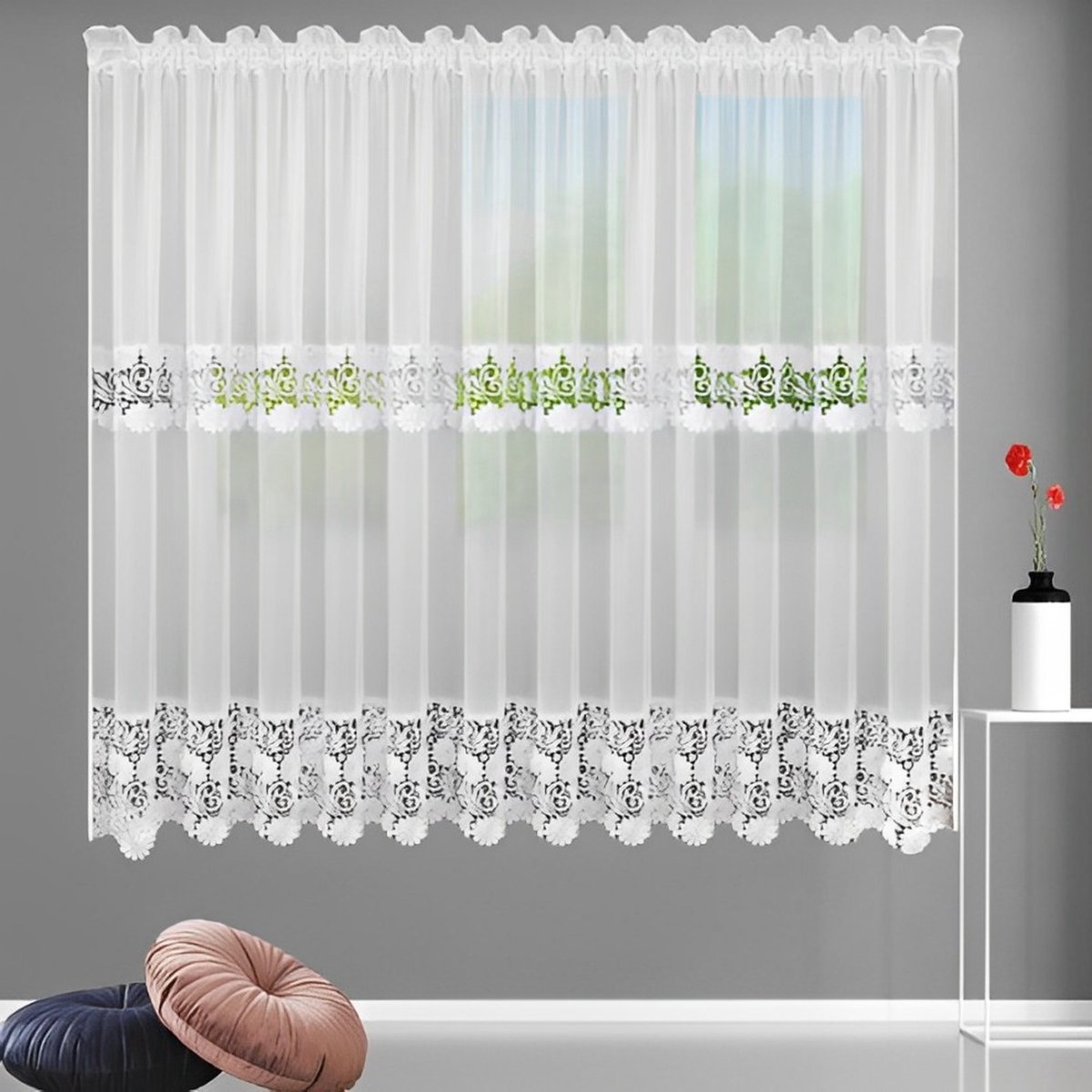 Glow Thuis - vitrage met blauwtint guipurekant - kant en klaar - plooiband - wit - 400x190 cm