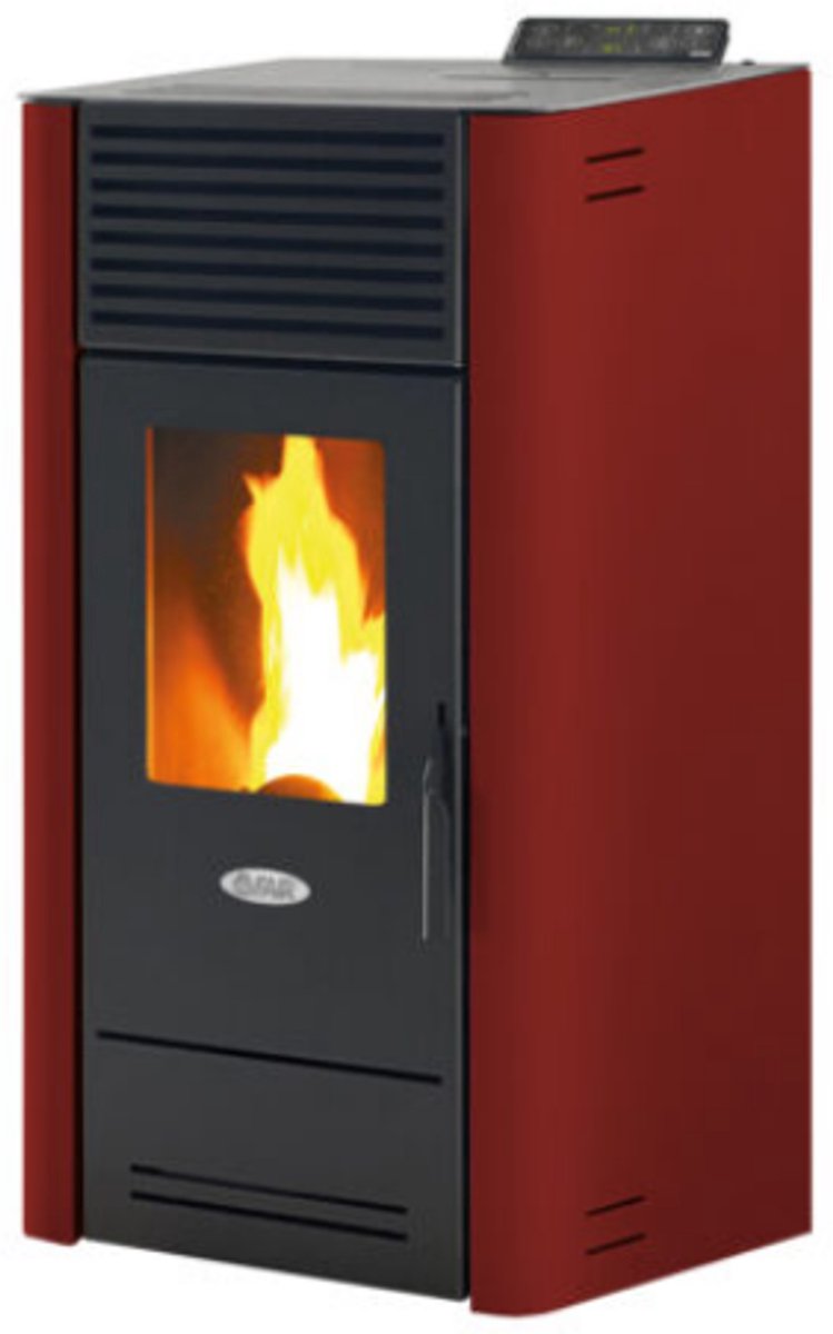 Fair BIO 100A Pelletkachel 10 kW – Compact Design – Boven- of Achteraansluiting – Gietijzeren Branderpot – Programmeerbaar – Bordeaux – 265 m³