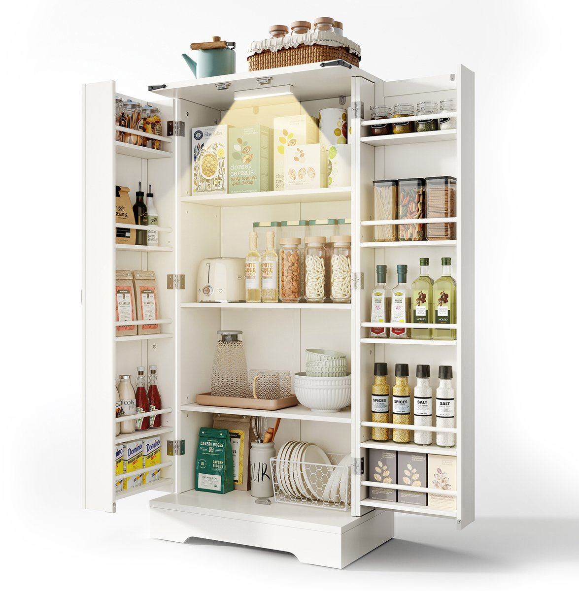 Witte landelijke keukenkast - Opbergkast met verstelbare planken - Smalle kast voor kleine ruimtes - Eetkamer en woonkamer - 60x35x128,5 cm Wit