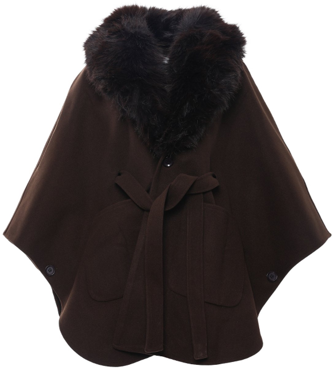 Dames Cape Jas met Afneembare Faux Fur Kraag - Poncho Jas met Ceintuur & Steekzakken - Warme Wintercape & Omslagdoek - Dames Jas - Cadeau voor Vrouw - Koffie