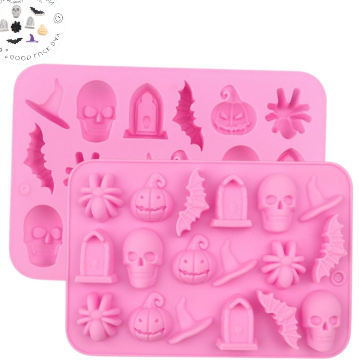 2 stuks-Halloweenvorm - Siliconenvorm - Chocoladevorm - Halloween-serie met schedel en spin - Bakvorm - Geschikt voor chocolade, snoep en epoxyhars - Roze - 18*12,4*1,4 cm
