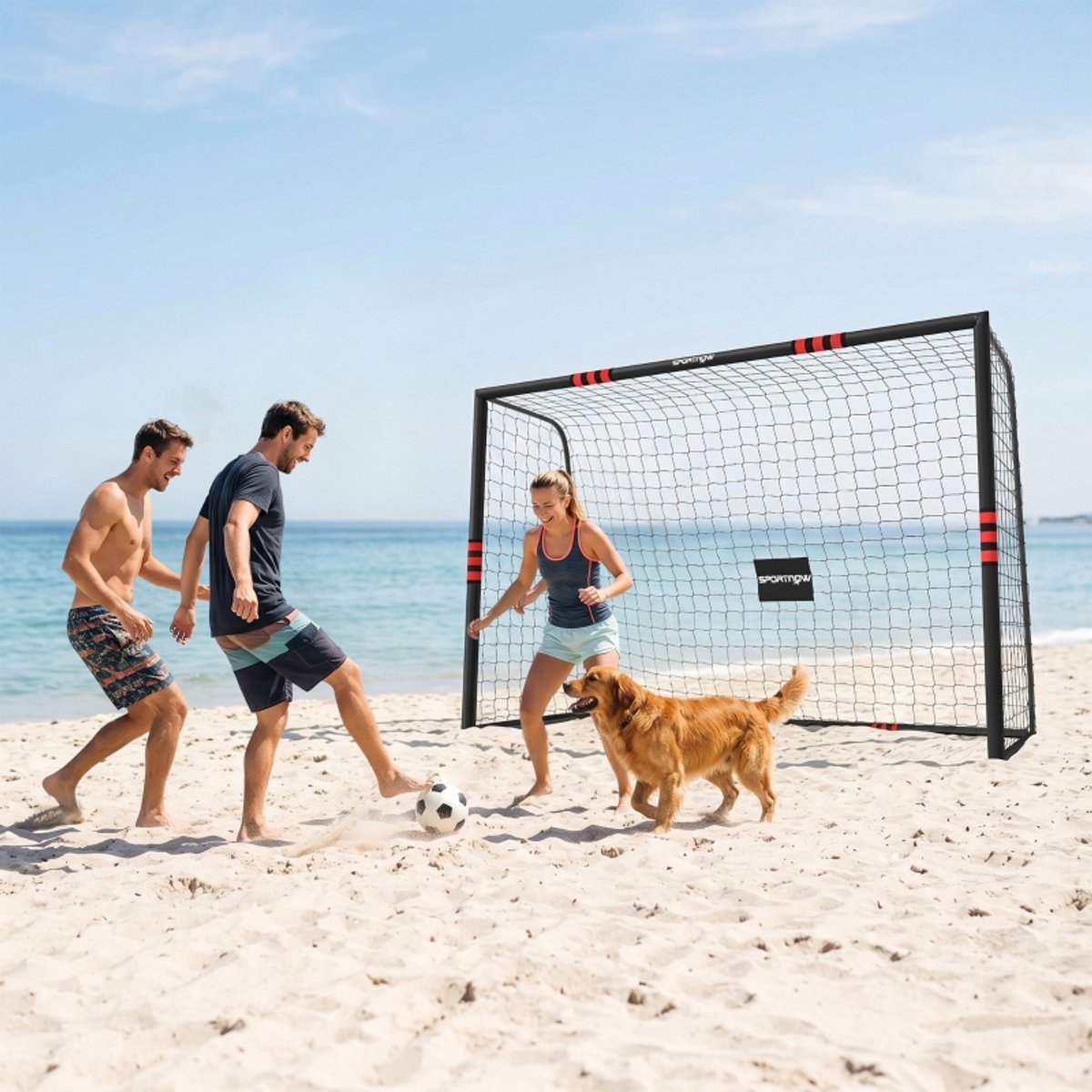 REDOM - Voetbaldoel - Gepolsterd frame - Met PE-net en 5 J-vormige grondankers - Voor tuin en park - Metaal - Zwart en Rood - 300 x 200 cm