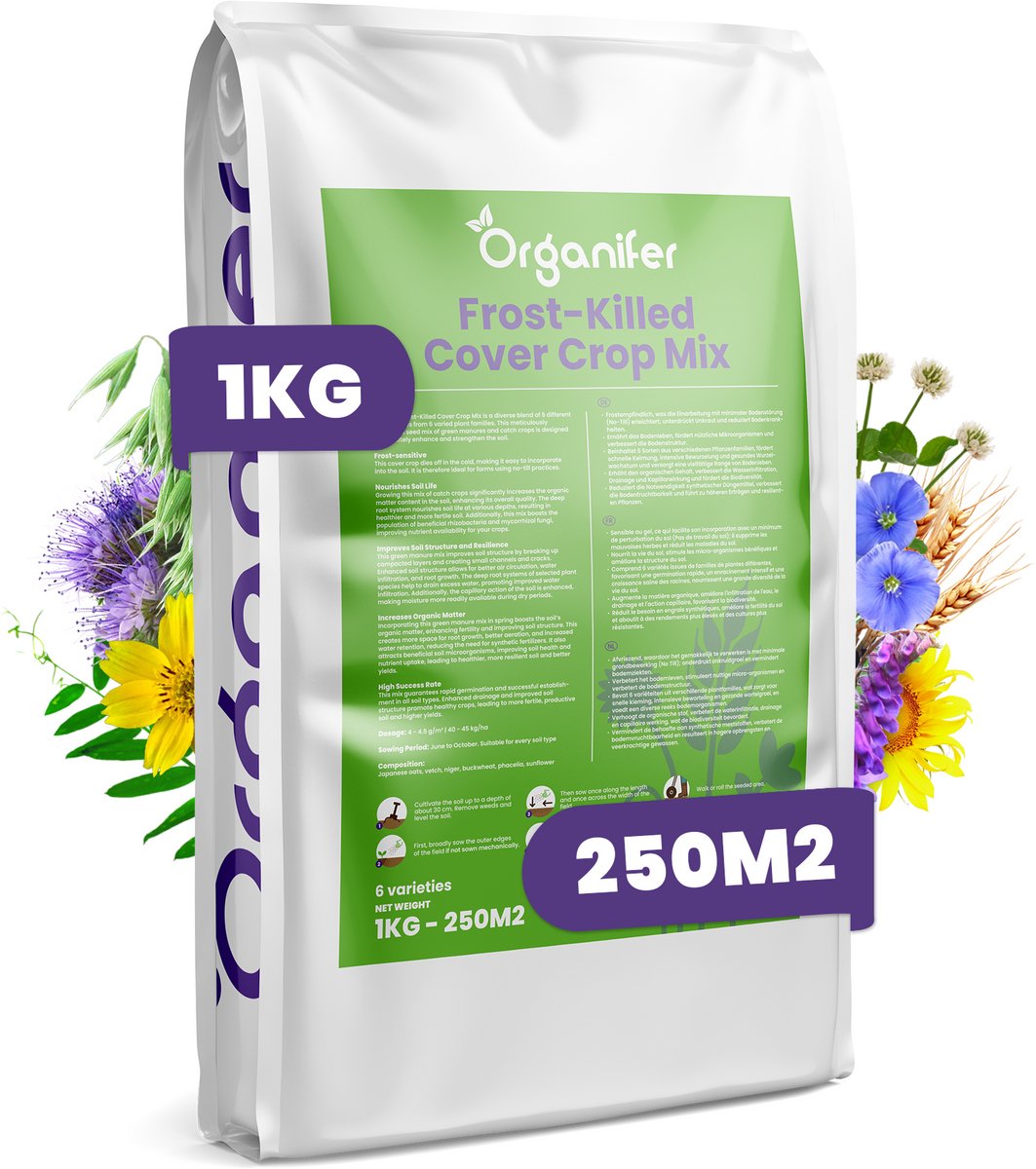 Groenbemester Zaden - Vorstgevoelig Bodembedekker Mengsel - 1 kg - 250 m² - Winter Groenbemester - Verbetert Bodemvruchtbaarheid, Herstelt En Beschermt De Bodem Natuurlijk - Organifer