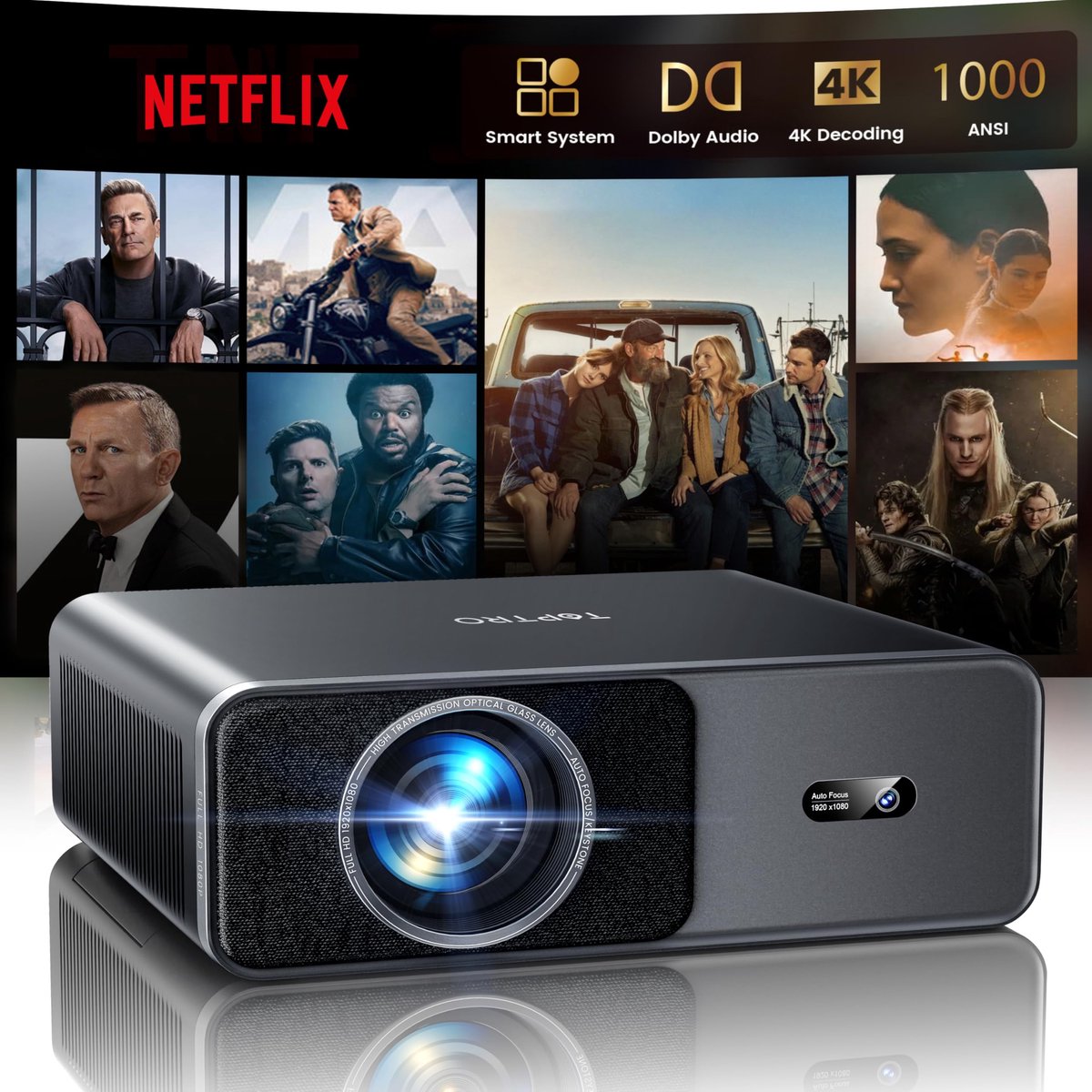 4K Projector met Netflix ondersteuning, draagbare beamer met Full HD resolutie, thuisbioscoop, 300 inch beeldformaat, LED display