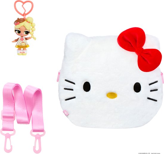 Witte Hello Kitty pluche tas, roze schouderband en minipop met hartvormige sleutelhanger.