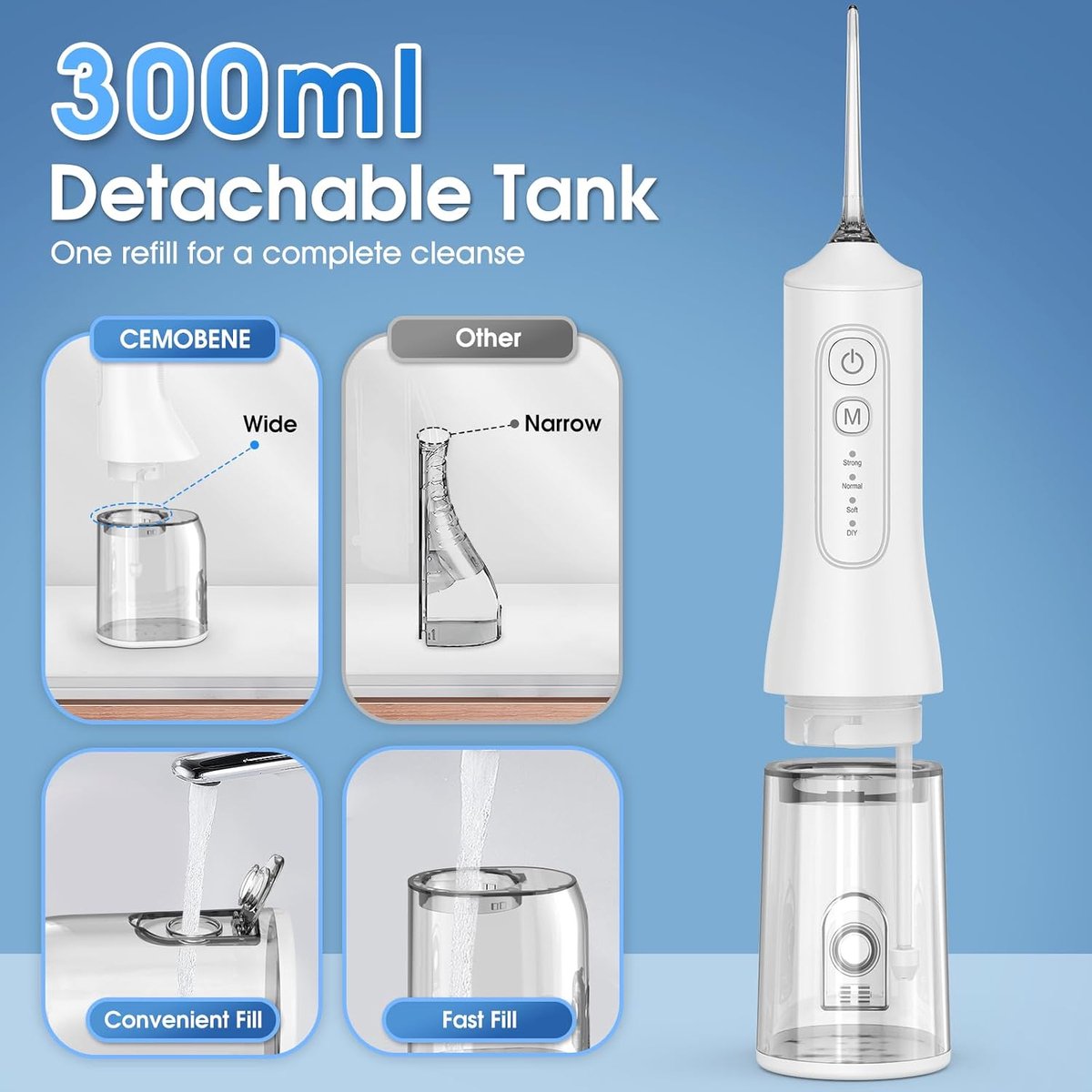 Waterflosser, Draadloze Monddouche met 300 ml Waterreservoir, 4 Reinigingsstanden en 6 Opzetstukken, IPX7 Waterbestendig, Oplaadbare Mondirrigator voor Beugels, Tandvleesverzorging, Thuis en Reizen, Wit thumbnail 3