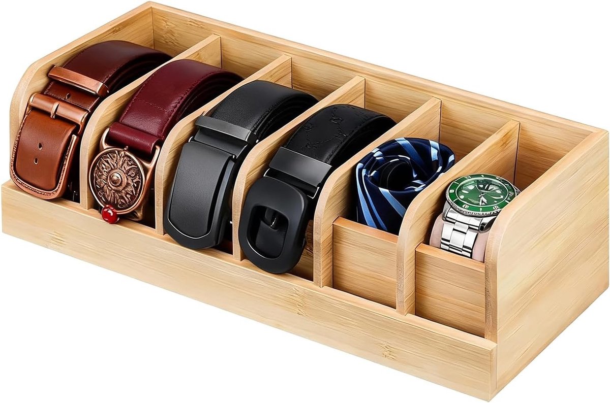 Organizer voor Houten Straps met 6 Compartimenten, Ideaal voor Sieraden en Horloges, Opbergbak voor Lades en Kasten in Natuurlijke Houtkleur