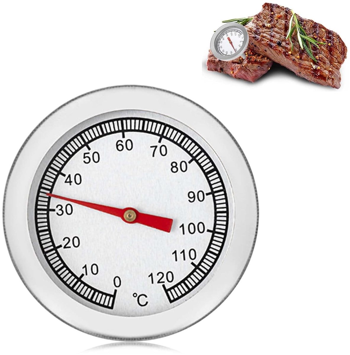 BBQ Thermometer voor Grillen en Bakken, Analoge Bimetalen Thermometer, RVS, 0-120 °C, Perfect voor Oven en Rookoven, Diameter 52 mm, Hoogte 58 mm