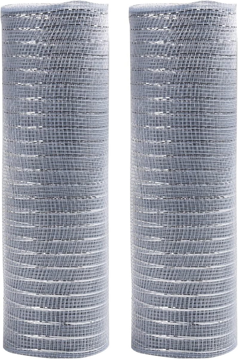 2 Rollen Zilveren Kerstdecoratie Poly Mesh Lint 10 inch x 10 m Metallic Foil Mesh voor Kerstboom, Kransen en Versieringen