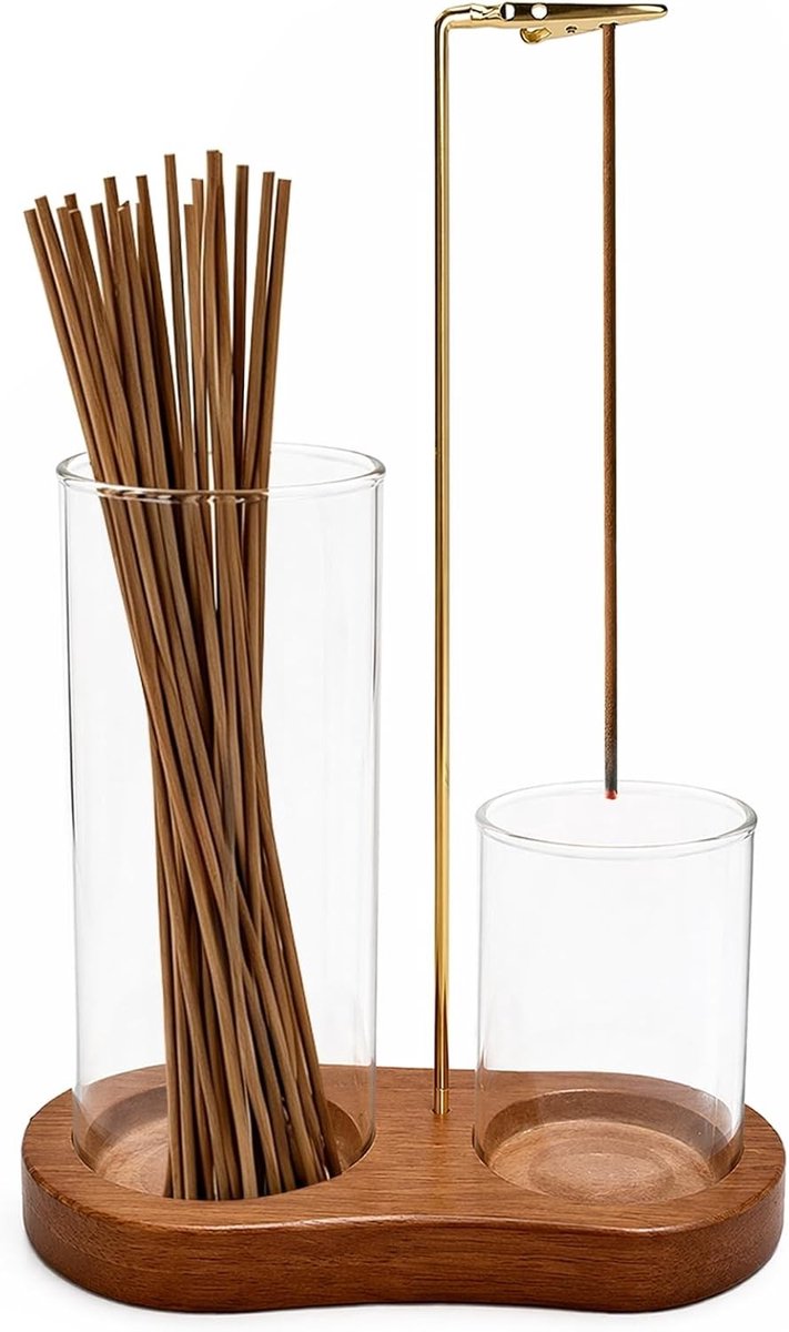 Wierookstokjeshouder van Hout met Glazen Asvanger, 2-in-1 Ontwerp voor Meditatie, Yoga en Zen Decoratie