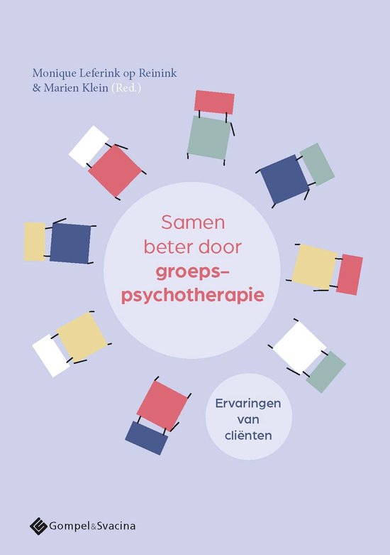 Boekomslag met de titel 'Samen beter door groepspsychotherapie'. Monique Leferink op Reinink & Marien Klein (Red.). Ervaringen van cliënten. Gompel&Svacina.