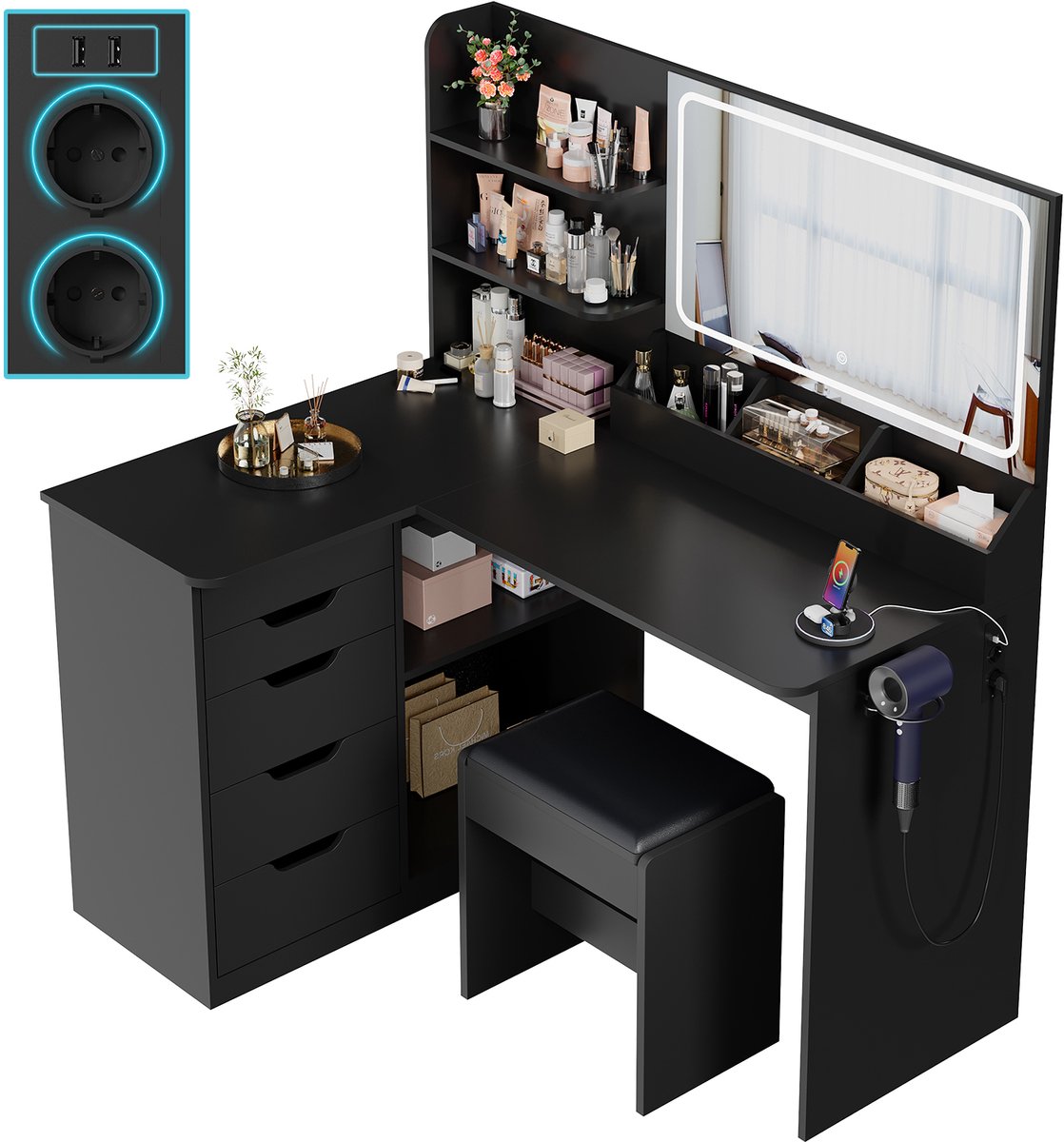 Devoko L-vormige Hoekkaptafel met Spiegel en LED-verlichting in 3 Lichtkleuren – 2 Stopcontacten, 2 USB-poorten en Föhnhouder – 5 Laden en 8 Open Opbergvakken – Inclusief Bijpassende Make-upkruk – 120 × 80 × 136 cm – - Zwart