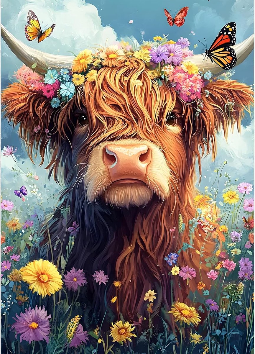 TOPMO - Schotse Hooglander in Bloemenveld- 40X50CM- Diamond painting pakket - HQ Diamond Painting - VOLLEDIG dekkend - Diamant Schilderen - voor Volwassenen – ROND