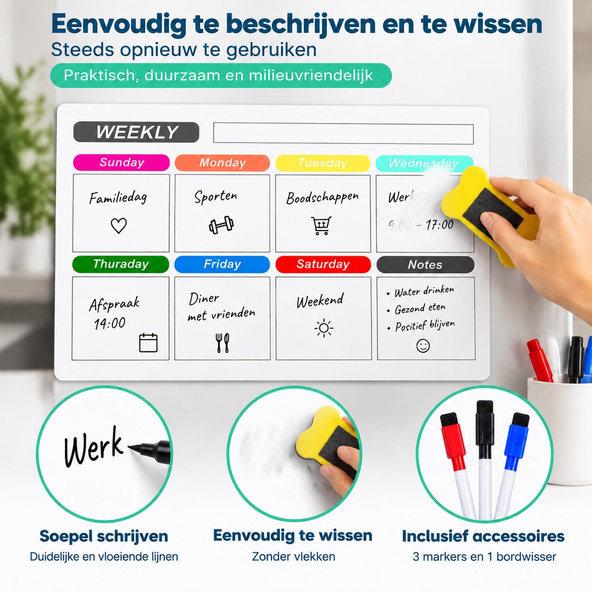 Magnetische Weekplanner Whiteboard - A3 Formaat - Familieplanner & Gezinsplanner - Planbord voor Koelkast - To Do Planner - Planbord voor Thuis en Kantoor - Inclusief 3 Markers en Wisser — cadeau in Kalenders & Planners - foto 2
