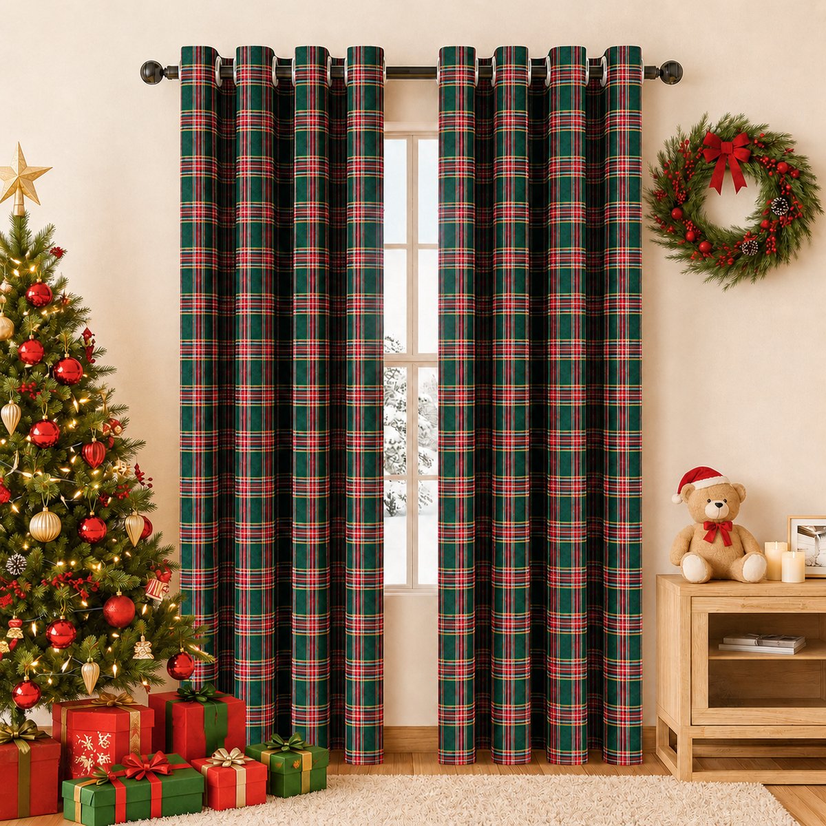 Lapamax Vintage Kerst gordijn met Ruitjes - Kant-en-Klaar Gordijn met Ringen - gordijnen verduisterend 50-70% voor Woonkamer, Slaapkamer en