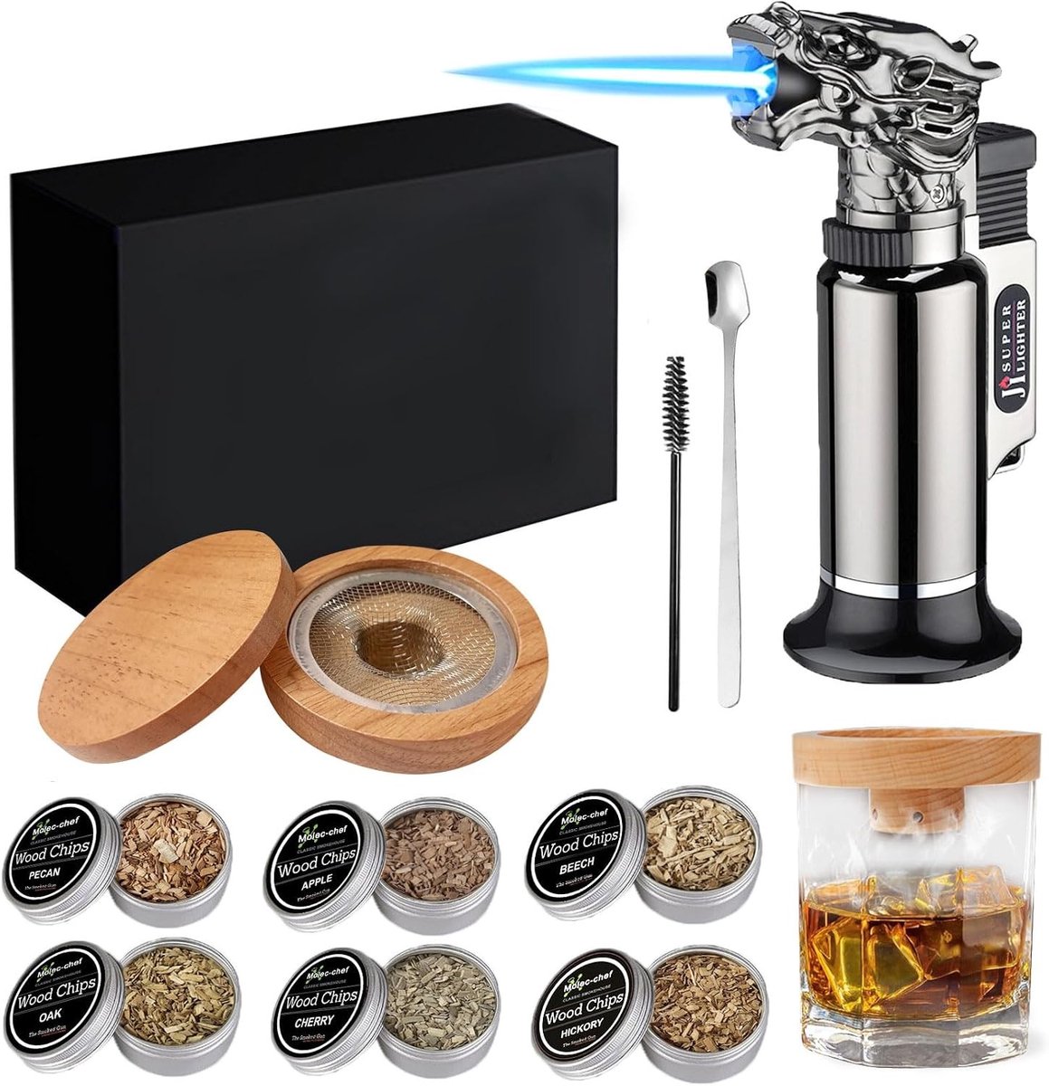 Whisky Rookset met 6 Smaken voor Dranken en Bourbon, Perfect Cadeau voor Vader, Echtgenoot en Cocktailliefhebbers