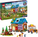 LEGO Friends mobiele tiny house met zonnepanelen, aanhanger, speelgoedauto en figuren.