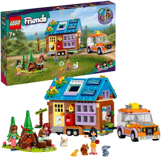 LEGO Friends mobiele tiny house met zonnepanelen, aanhanger, speelgoedauto en figuren.