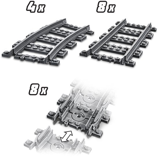 LEGO treinrails: 4 bochtrails, 8 rechte rails en 8 flexibele rails met wissel.