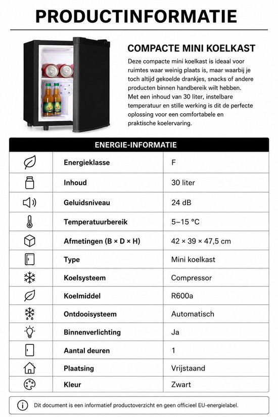 Mini Koelkast 30L – Stil 24 dB – Instelbaar 5-15°C – Automatisch Ontdooien – Zwart — afbeelding 2