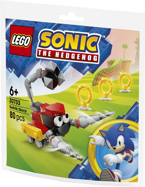 LEGO Sonic de egel 30733 Badnik Skorp. Rode en zwarte robot met grijze grijper, gepantserde staart en Sonic op de verpakking.