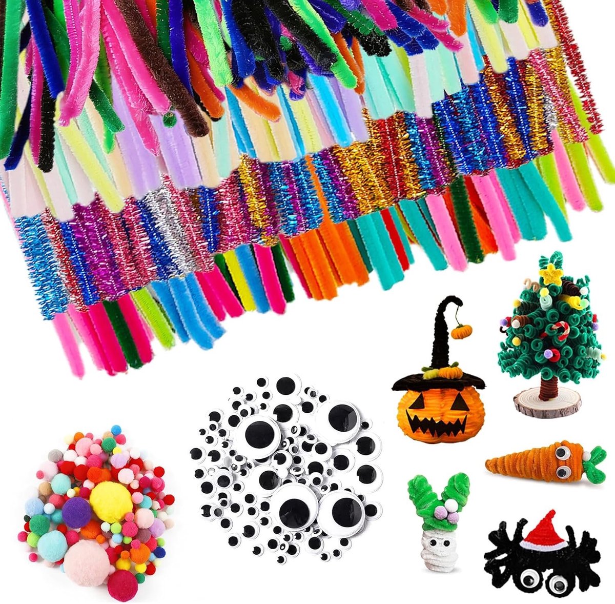 400 Kleurrijke Pijpenragers van 30 cm voor Creatieve Knutselprojecten, Inclusief 200 Pompoms en 400 Wiggly Ogen voor DIY Decoraties en Ambachten