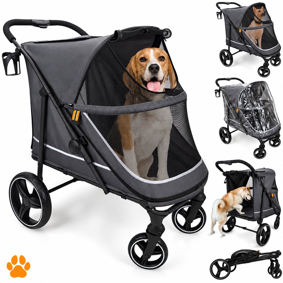Hondenbuggy XL Opvouwbaar – Tot 50 kg – Met Regenhoes, Vering en 360° Wielen – Grijs