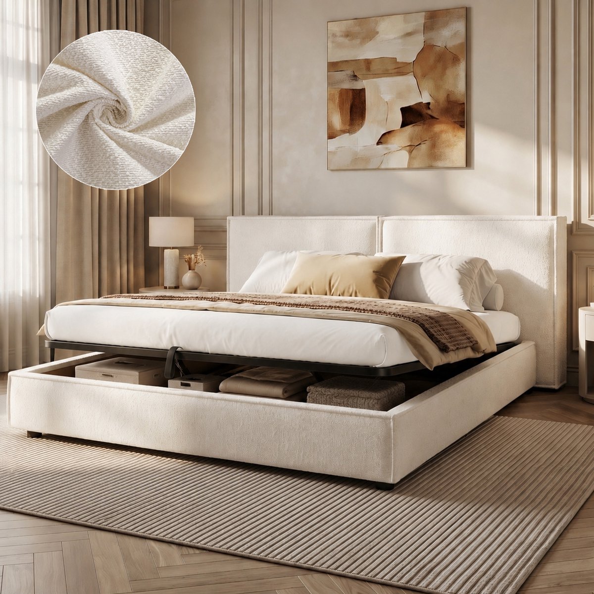 Clruro Opbergbed - 180x200 cm - Hydraulisch - Lattenbodem en Hoofdbord - Bouclé - Wit