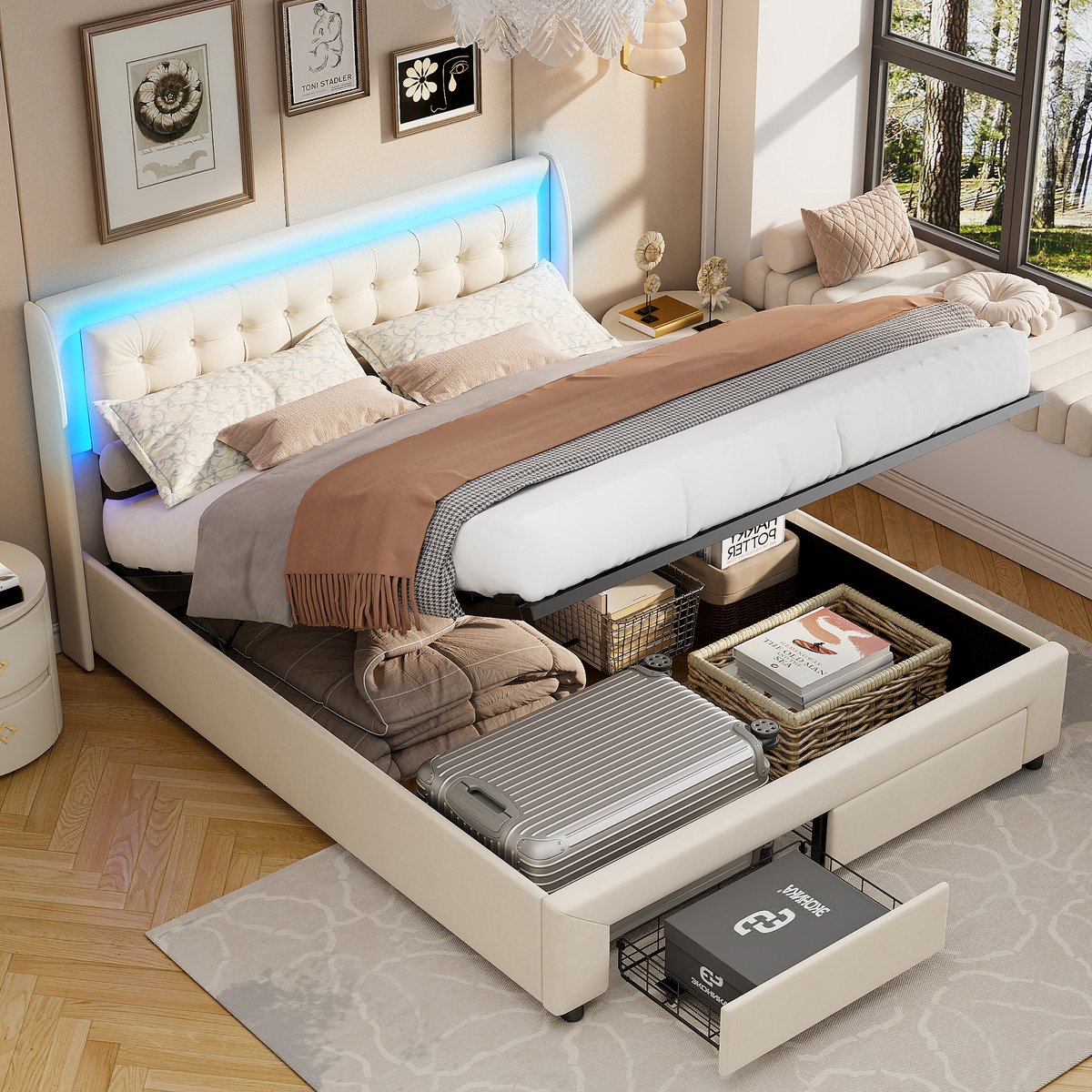 Clruro Opbergbed - 140x190 cm - Pneumatisch met Laden - Fluweel - Beige